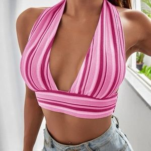 Size Lg top. Crop Halter top. Pink and white stripe. Never worn